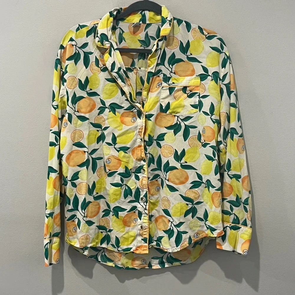 Old Navy Pajama Set Women Small Tall Yellow 3 Piece Citrus Lemon Cotton Modal